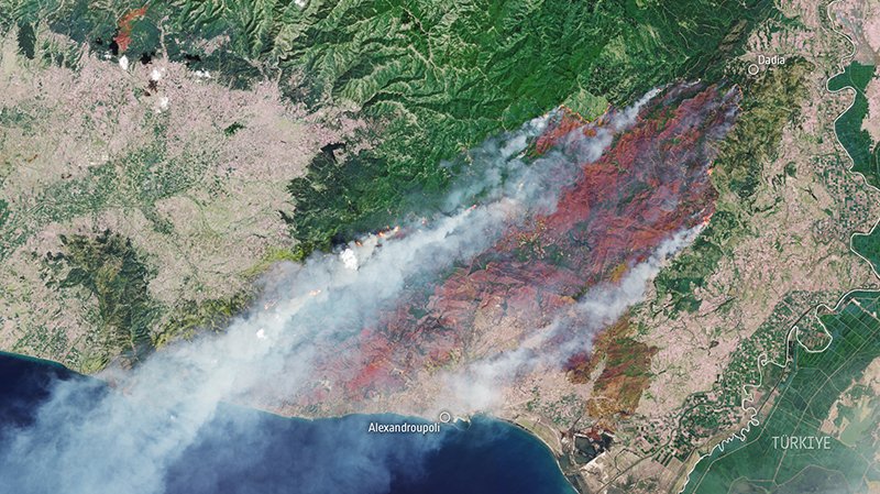 View of smoke rising from wildfires in Greece