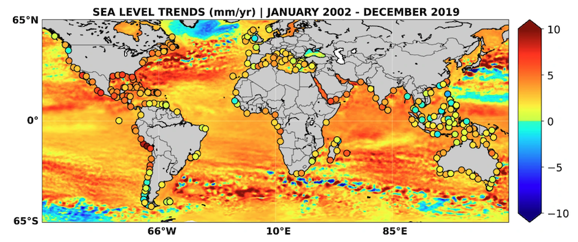 Figure 2. Coastal and regional sea-level trends (mm/yr) over the 18-year time span (credit: Cazenave et al., 2022).