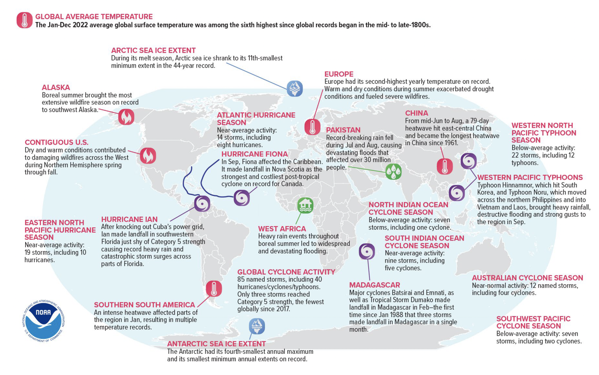 Geographical distribution of selected notable climate anomalies and events in 2022