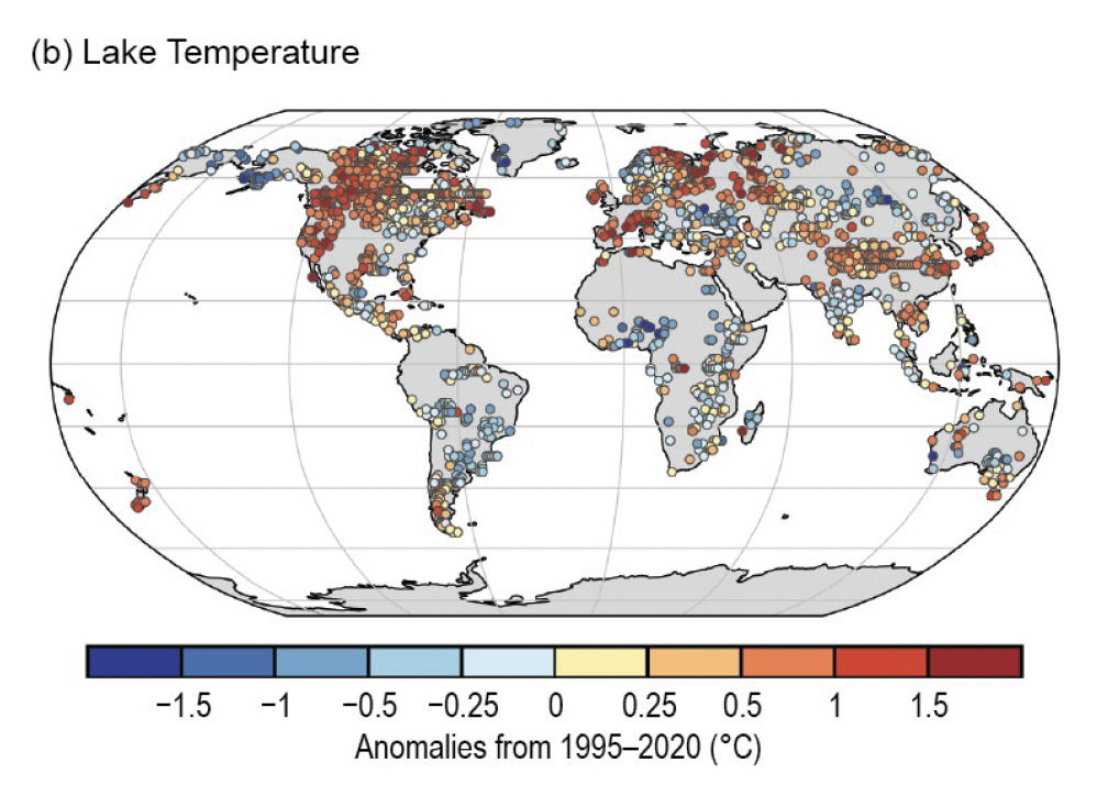 Satellite-derived lake surface water temperature anomalies, from ESA CCI LAKES/Copernicus C3S (°C);