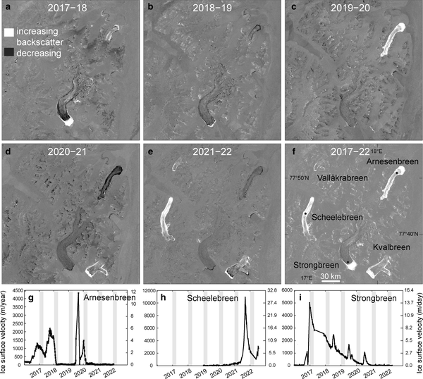 Examples of winter-to-winter Sentinel-1 radar backscatter changes